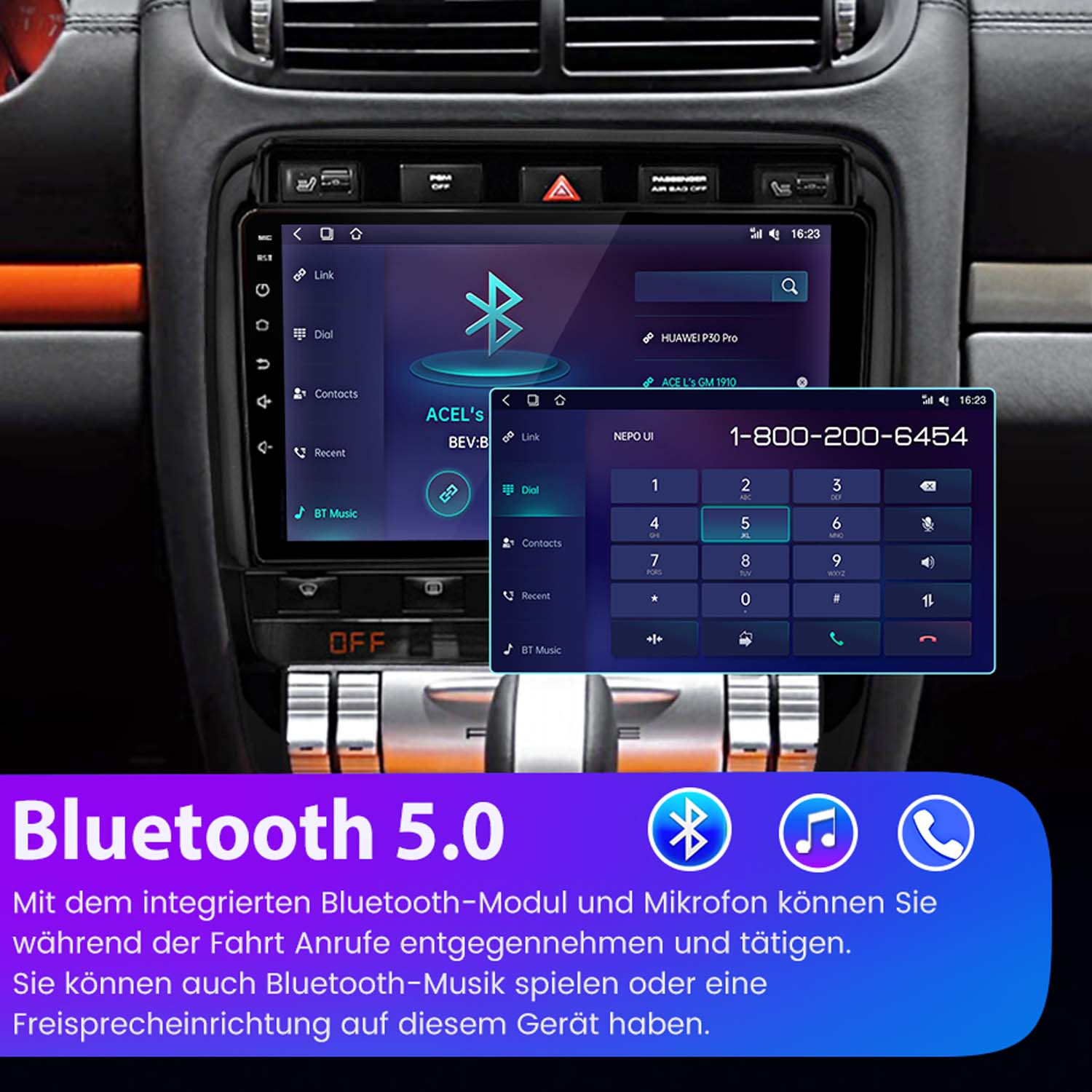 Car display showing dial pad and Bluetooth 5.0 info.