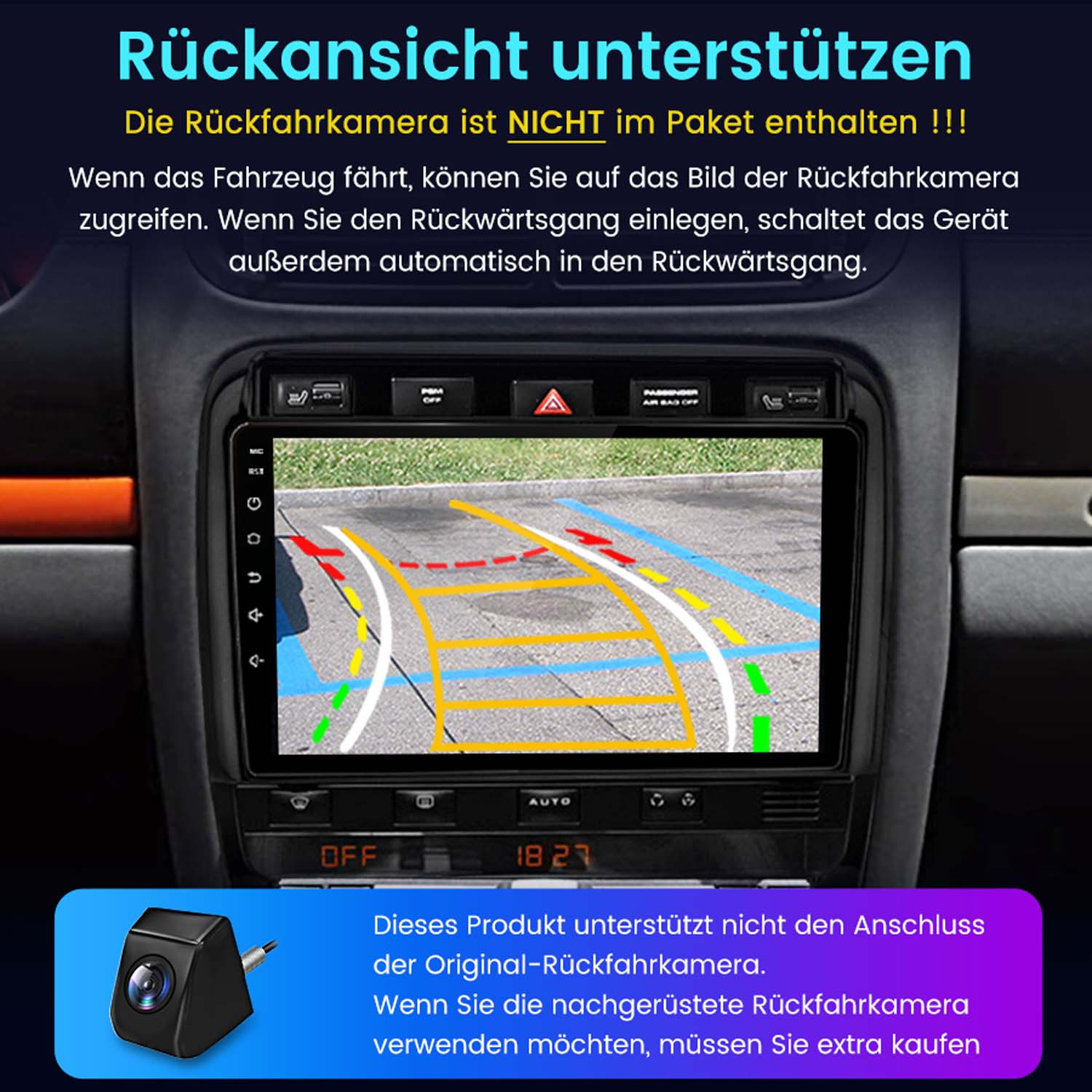 Ein Autoradio zeigt Rückfahrkamera-Bild mit Parklinien und einer kleinen Kamera.