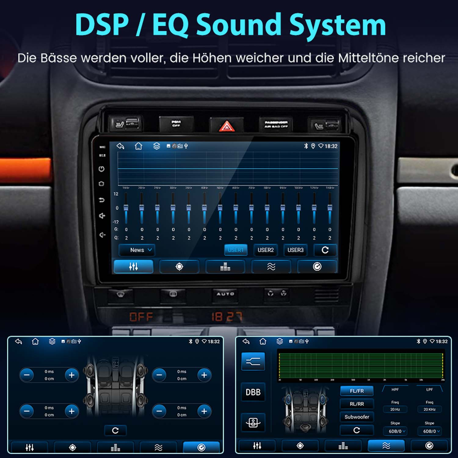 Auto-Infotainment-System mit EQ-Einstellungen, Lautsprecher- und Frequenzweichen-Optionen.