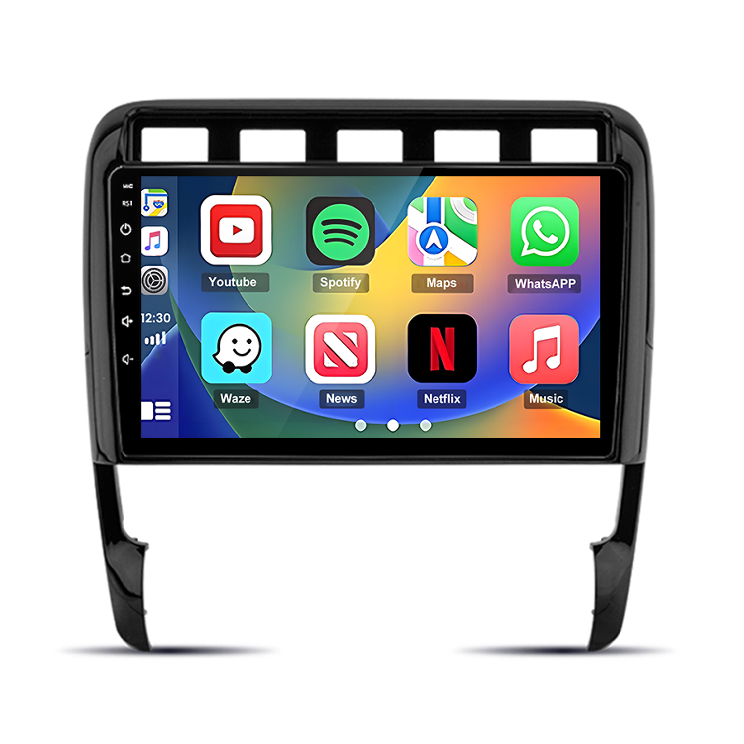 Ein Auto-Infotainment-Bildschirm mit App-Symbolen: YouTube, Spotify, Maps, WhatsApp, Waze, News, Netflix, Music.