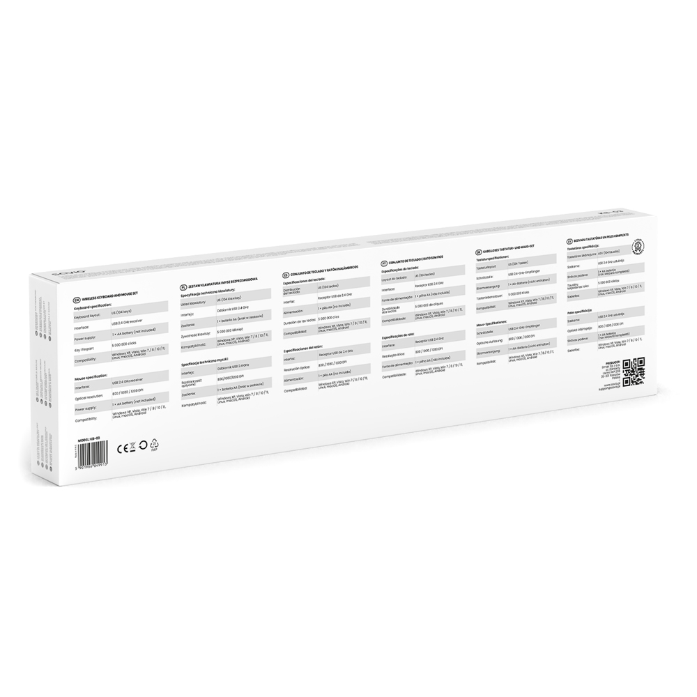 Opakowanie zestawu klawiatury i myszy ze specyfikacjami technicznymi.