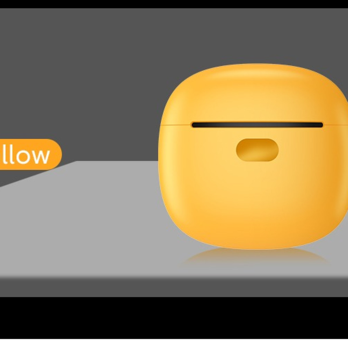 Żółte etui do ładowania słuchawek na szarym tle.