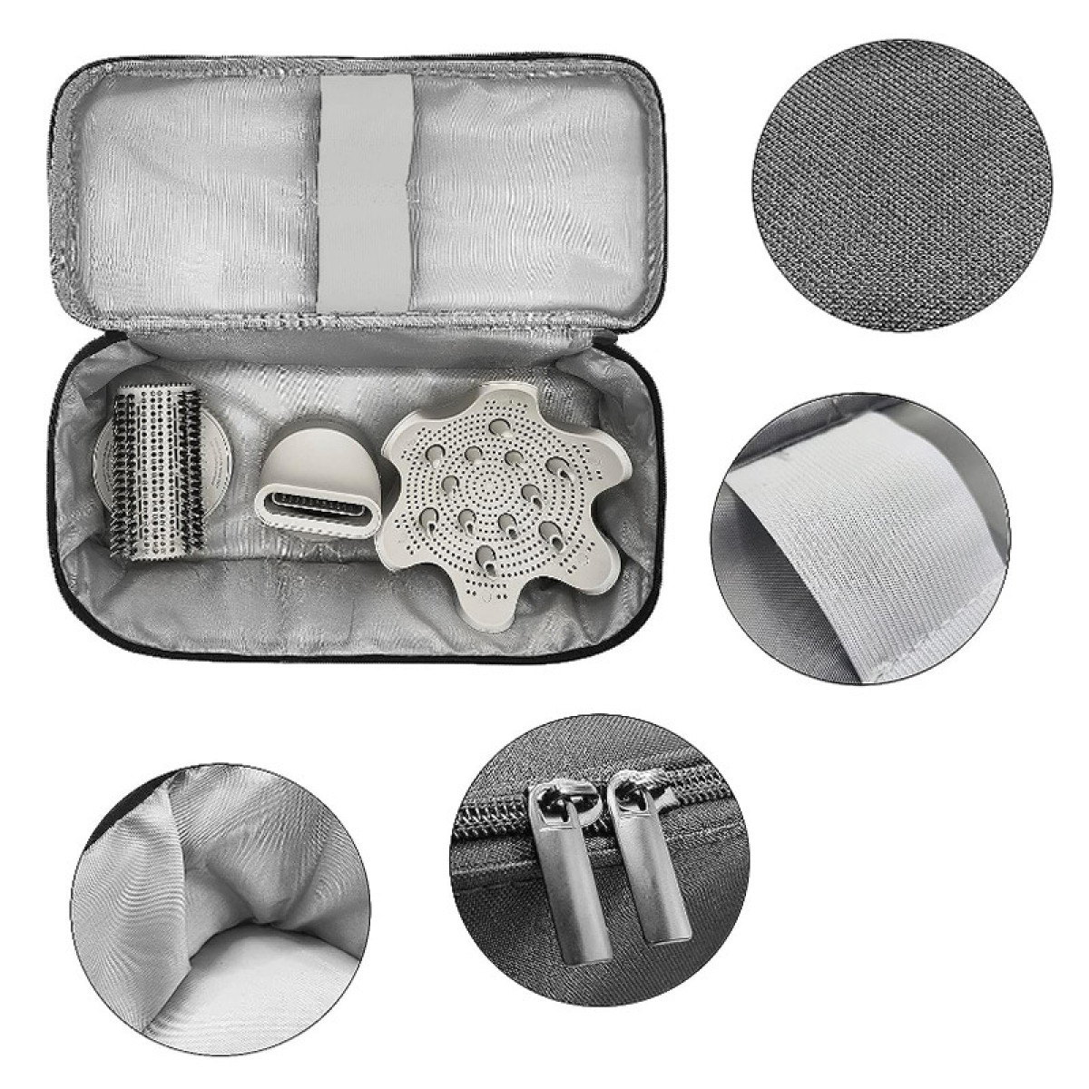 Otwarta walizka z nasadką do lokówki, uchwytem i dyszą w kształcie gwiazdy.