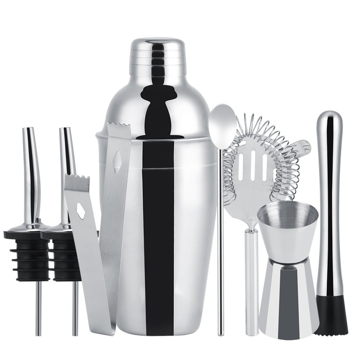 Ein Set aus glänzenden silbernen Barwerkzeugen, darunter ein Shaker, ein Sieb und ein Messbecher.