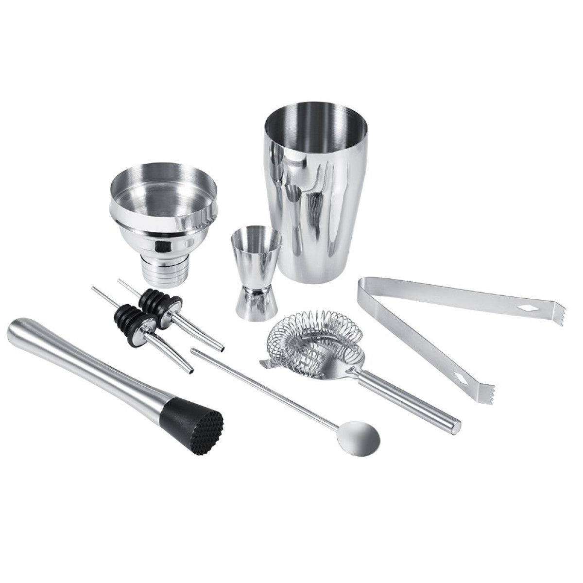 Silberne Bar-Werkzeuge: Shaker, Messbecher, Trichter, Ausgießer, Stößel, Sieb, Löffel, Zange.