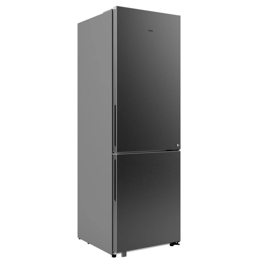 Elegancka, dwudrzwiowa ciemnoszara lodówka z zamrażarką na dole.