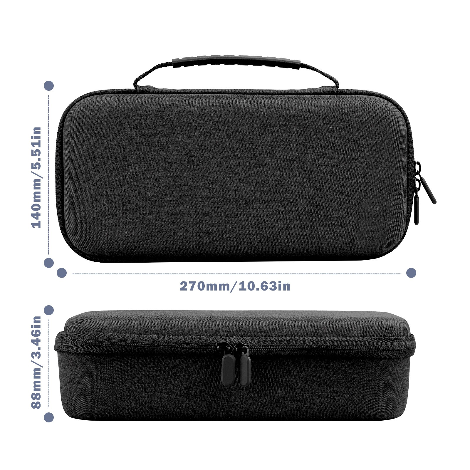 Schwarze Tasche mit Griff und Reißverschluss. Maße: 270x140x88mm.