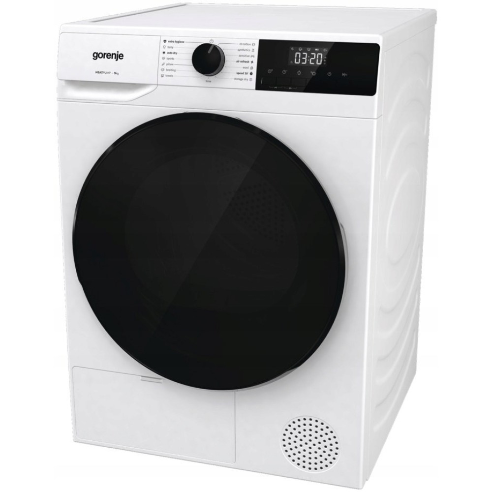 Biała suszarka Gorenje z czarnymi drzwiami i cyfrowym wyœwietlaczem.