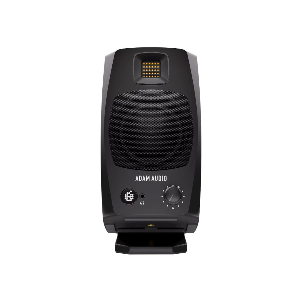 Czarny głośnik Adam Audio z maskownicą i pokrętłem.