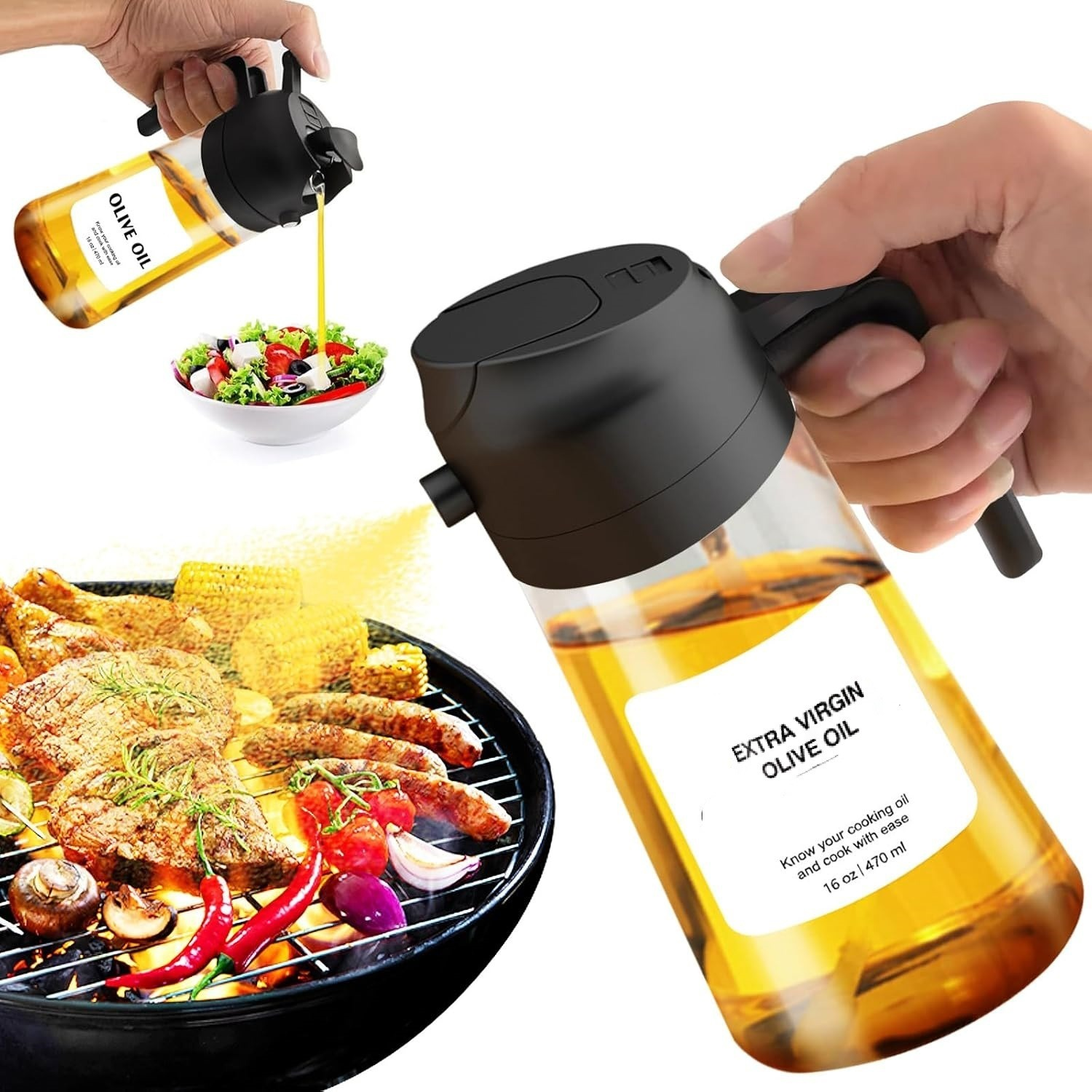 Ein Mann gießt Olivenöl aus einem Spender in einen Salatteller. Ein Grill mit Fleisch und Gemüse ist daneben.