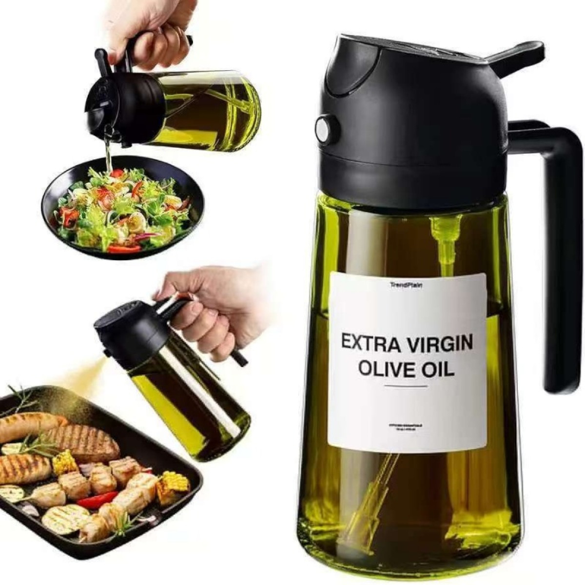 Öl-Sprühflasche mit Griff, sprüht Öl über Salat und Grillgut.