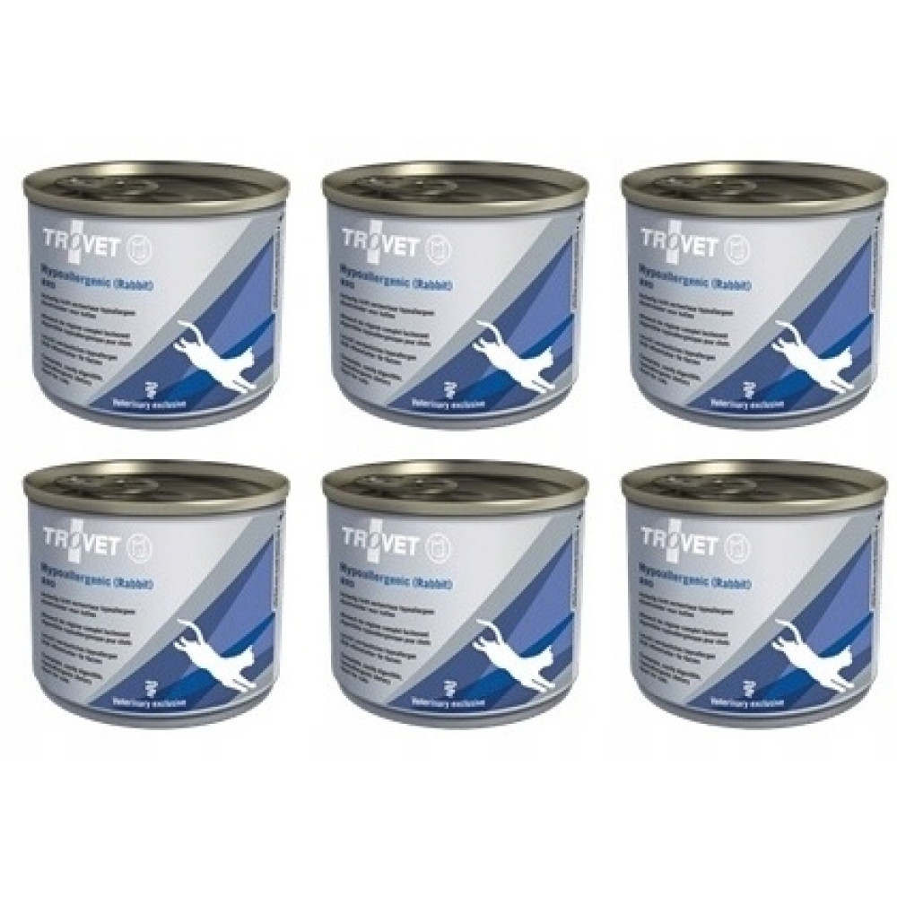Sześć puszek karmy Trovet hipoalergicznej z królika.