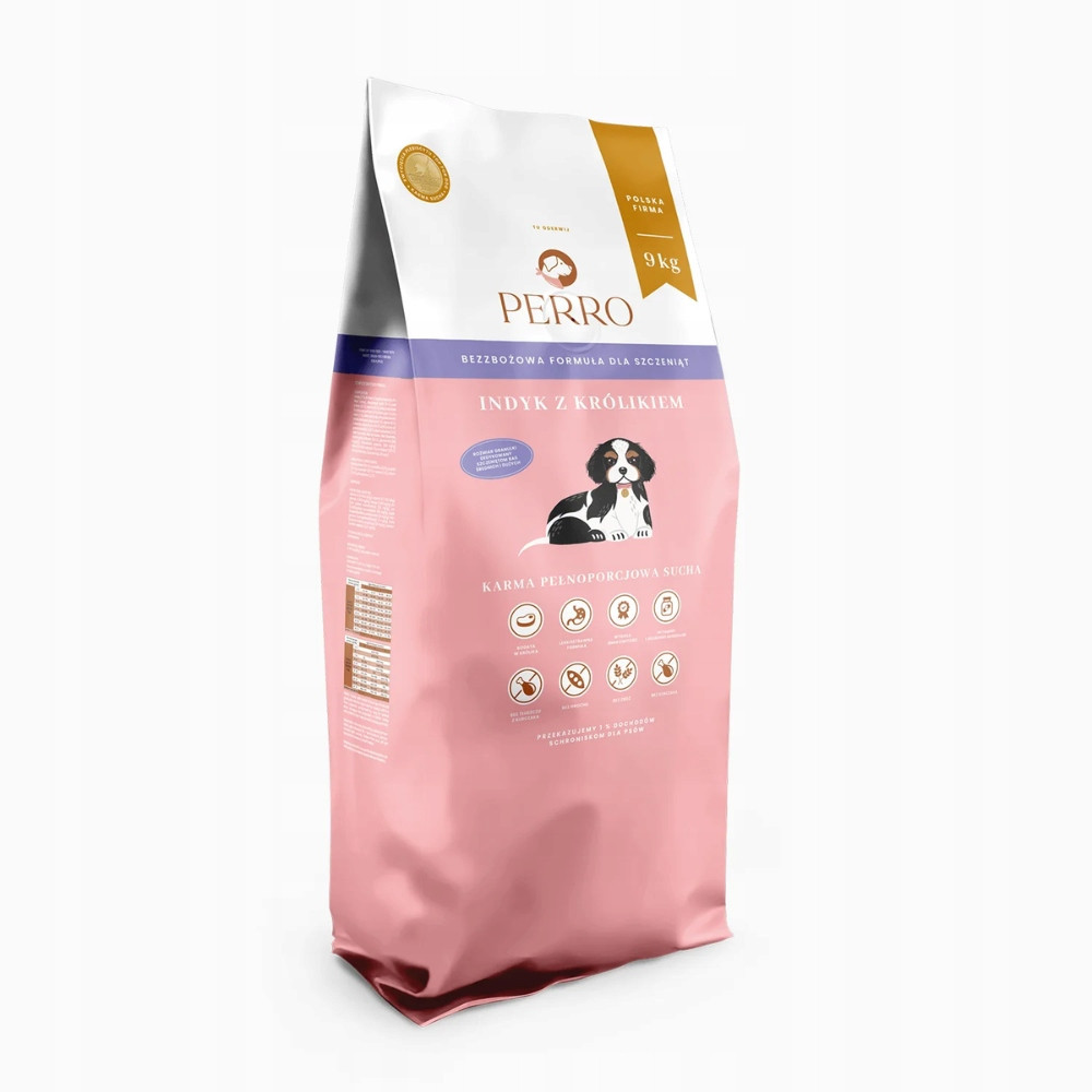 Różowa torba karmy dla psów Perro, 9 kg, z indykiem i królikiem.
