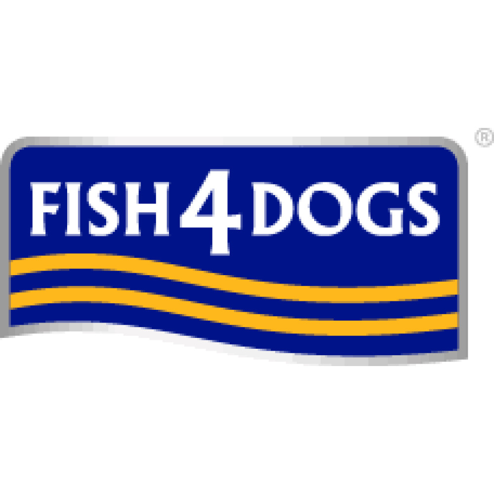 Logo Fish 4 Dogs z niebieskim tłem i żółtymi falami.