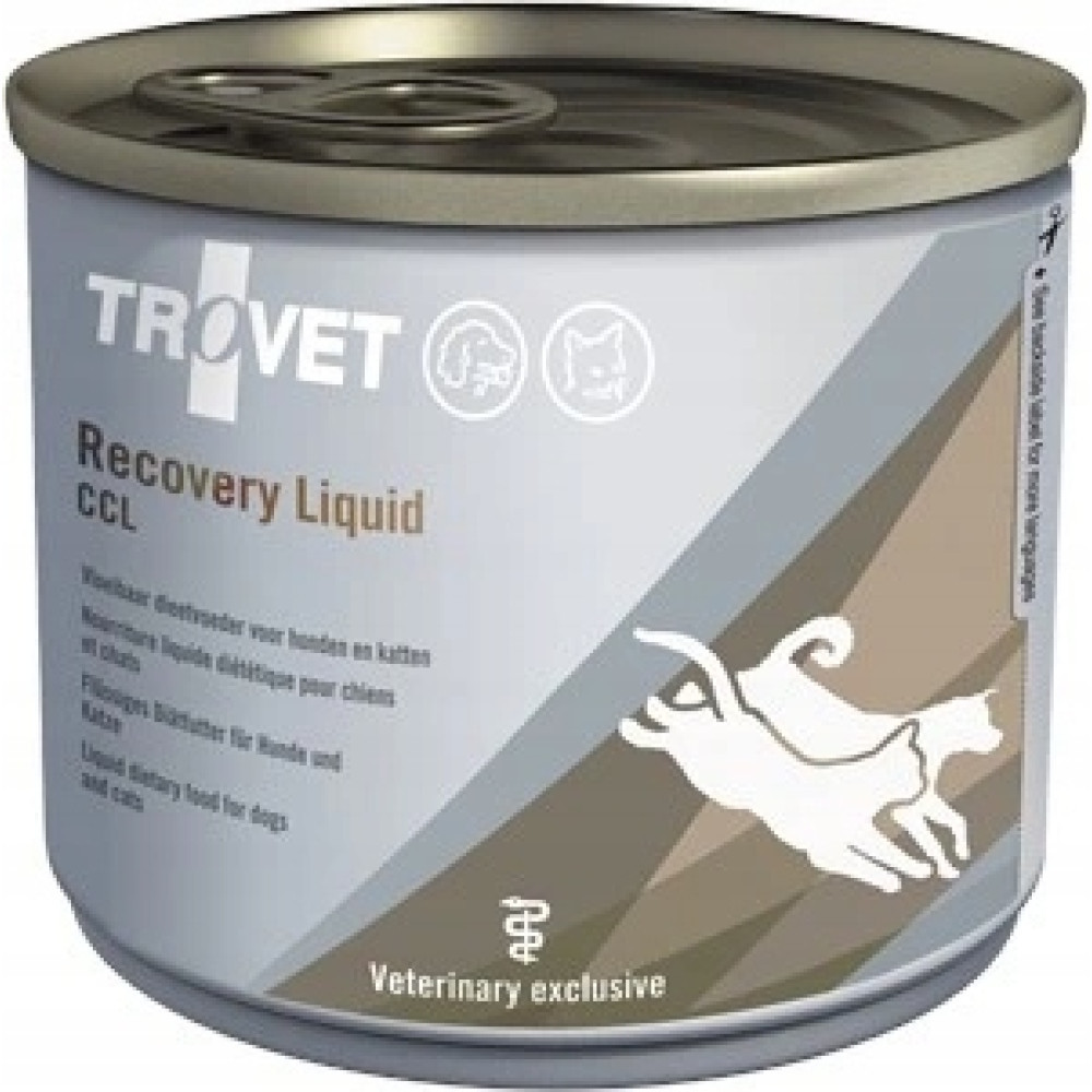 Puszka Trovet Recovery Liquid dla psów i kotów z logo weterynaryjnym.