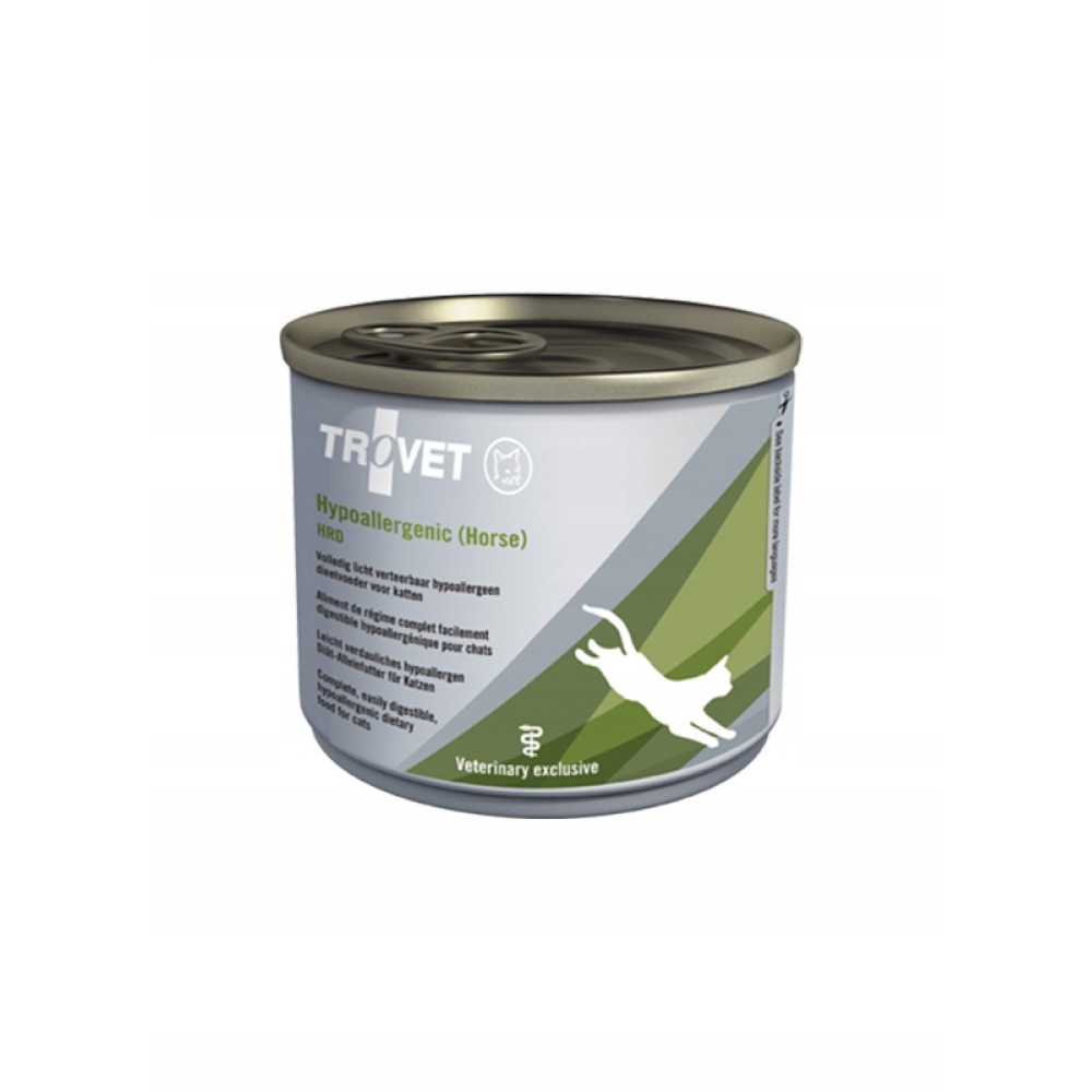 Puszka karmy dla kotów Trovet Hypoallergenic (Koń) z sylwetką białego kota.