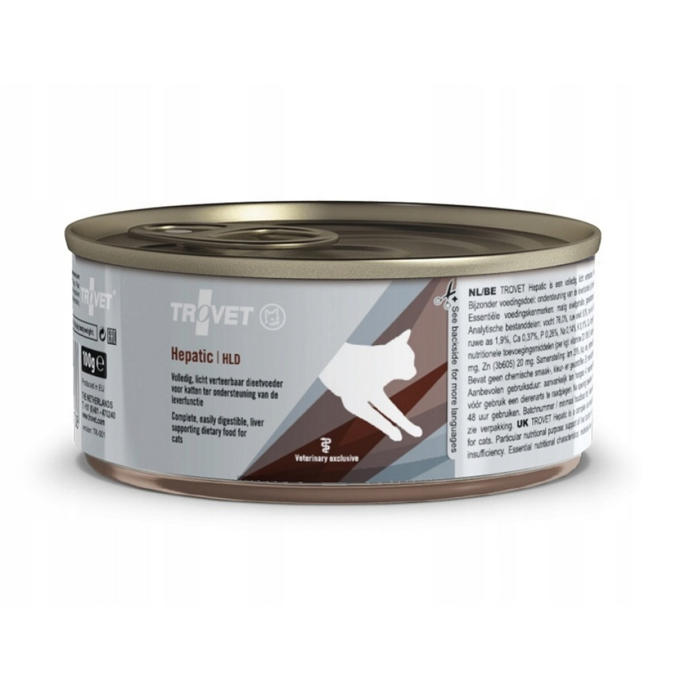 Puszka karmy dla kotów TROVET Hepatic HLD. Biały kot na puszce.