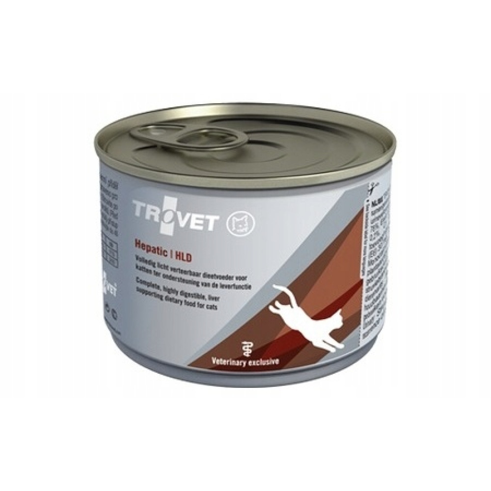 Puszka karmy dla kotów marki Trovet z grafiką kota i tekstem.