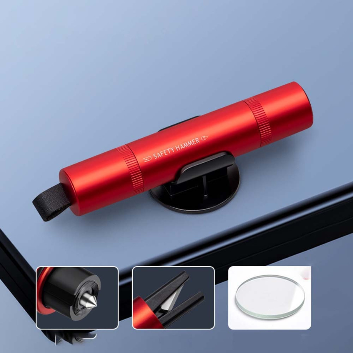 Czerwony młotek bezpieczeństwa z srebrną końcówką i paskiem, zamontowany na uchwycie.
