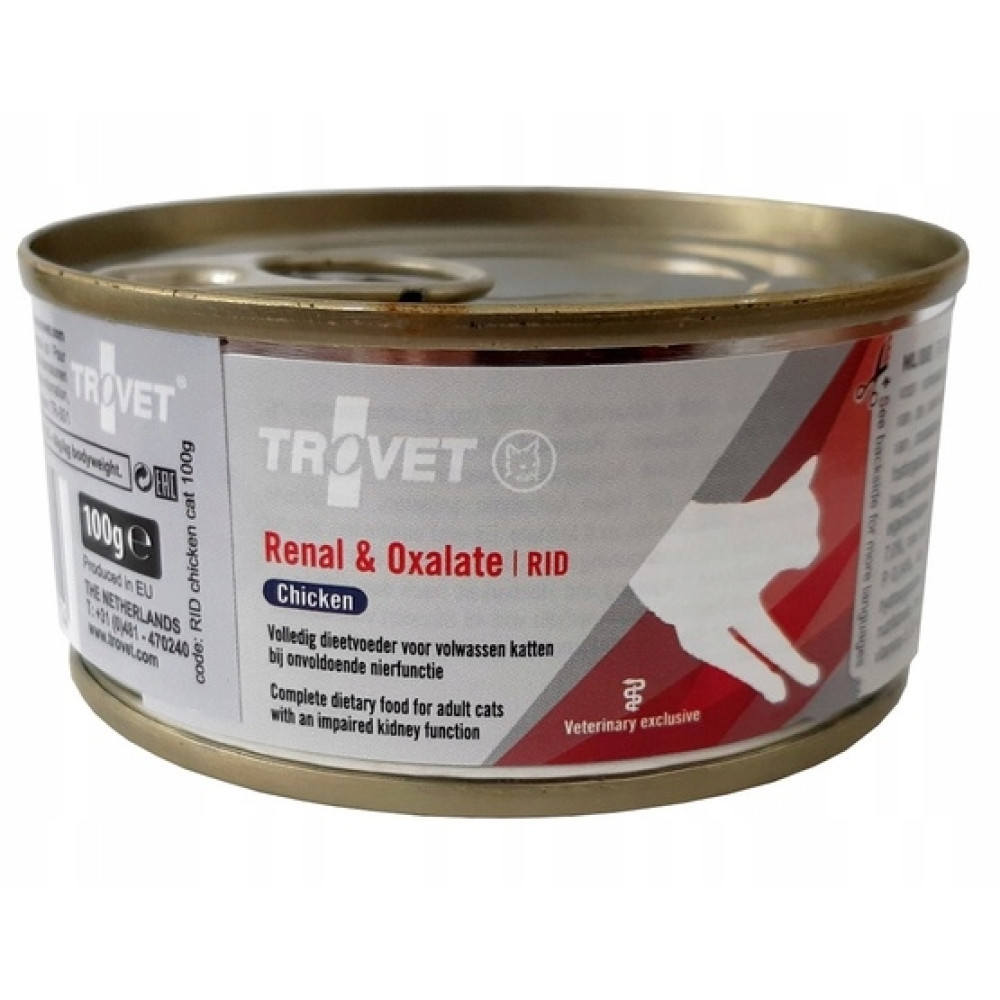 Puszka 100g karmy dla kota Trovet Renal & Oxalate RID z kurczakiem.