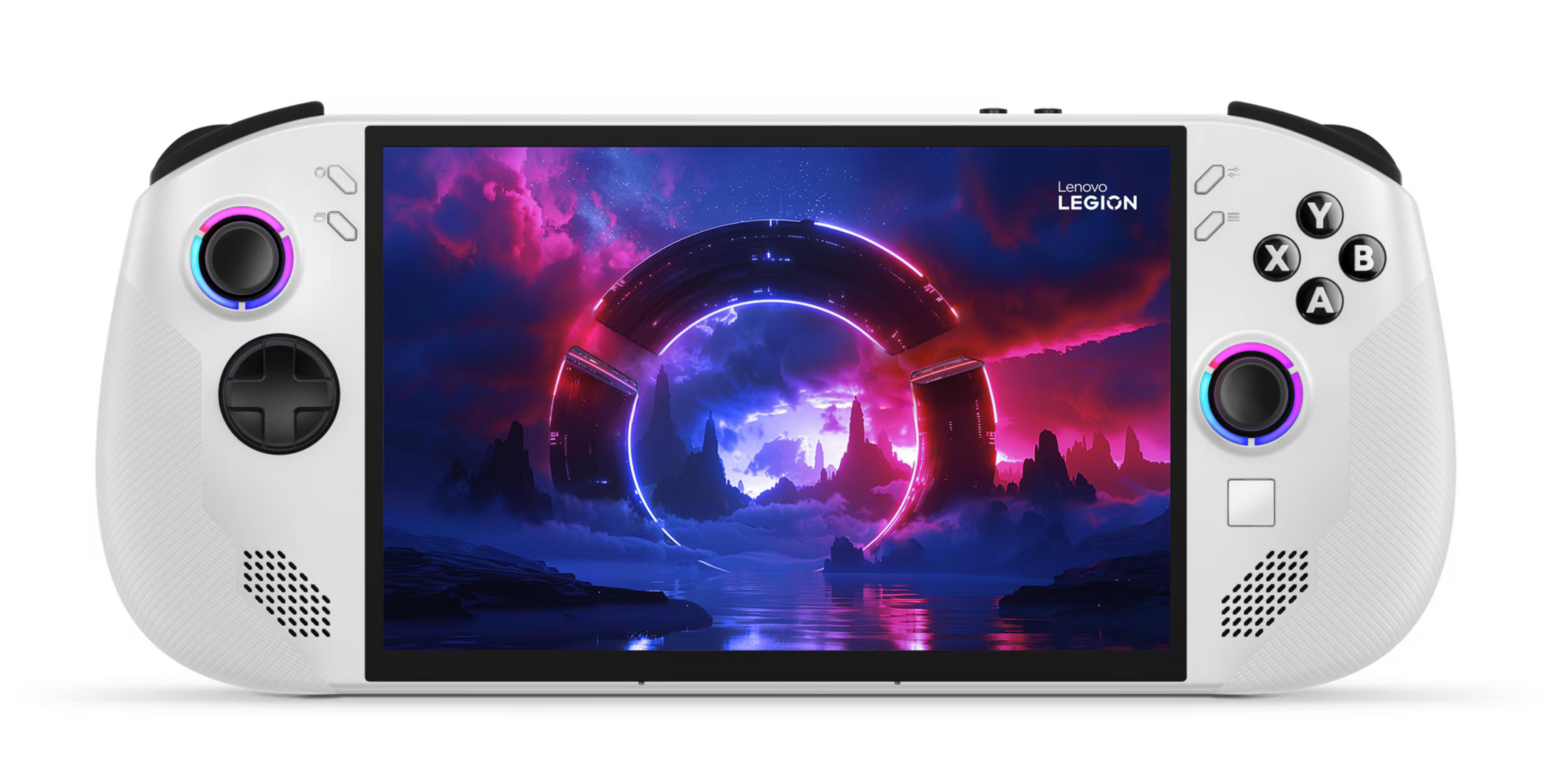 Białe przenośne urządzenie do gier z podświetlanymi kontrolkami i tłem science-fiction.