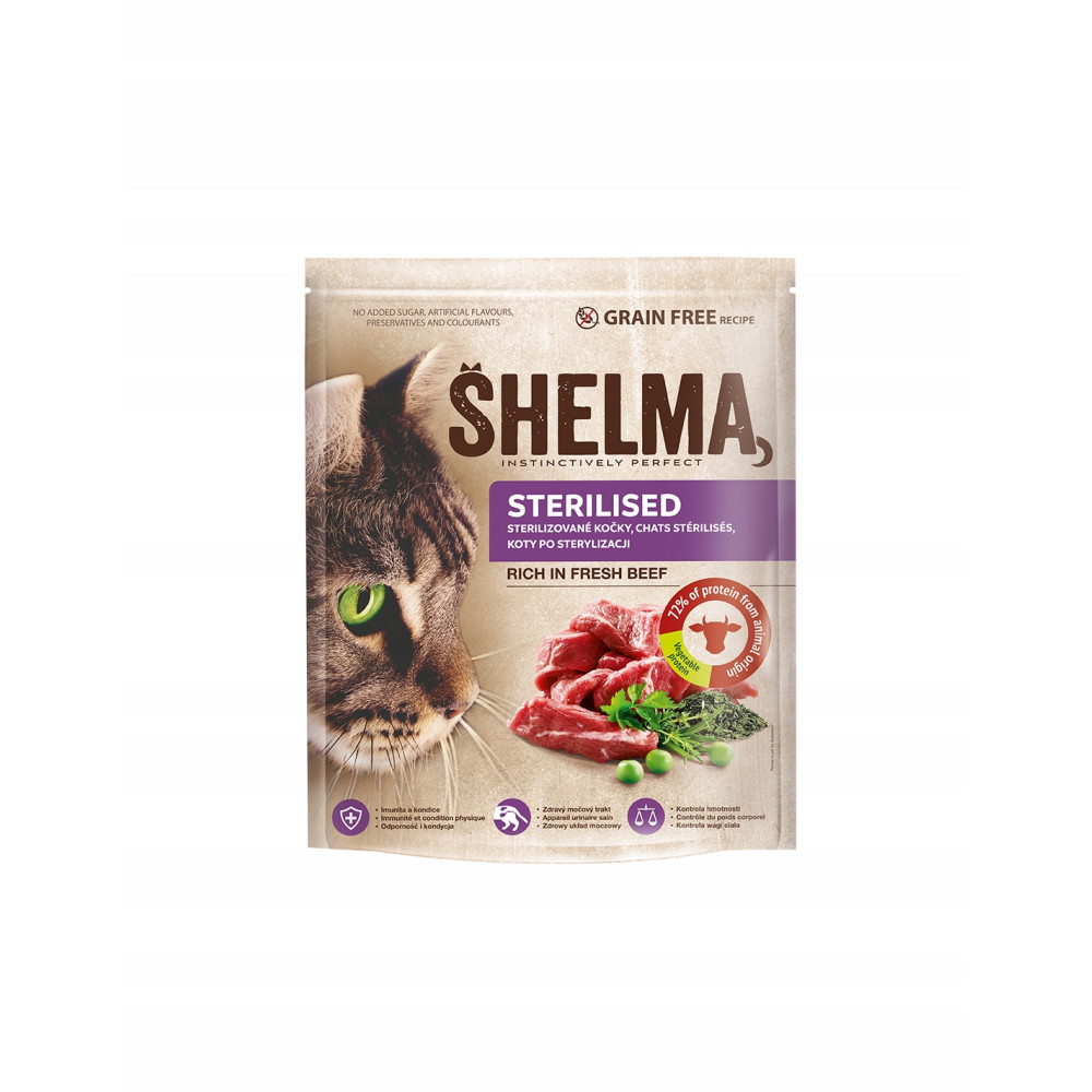 Saszetka karmy dla kota z wołowiną, groszkiem i ziołami, z portretem kota.