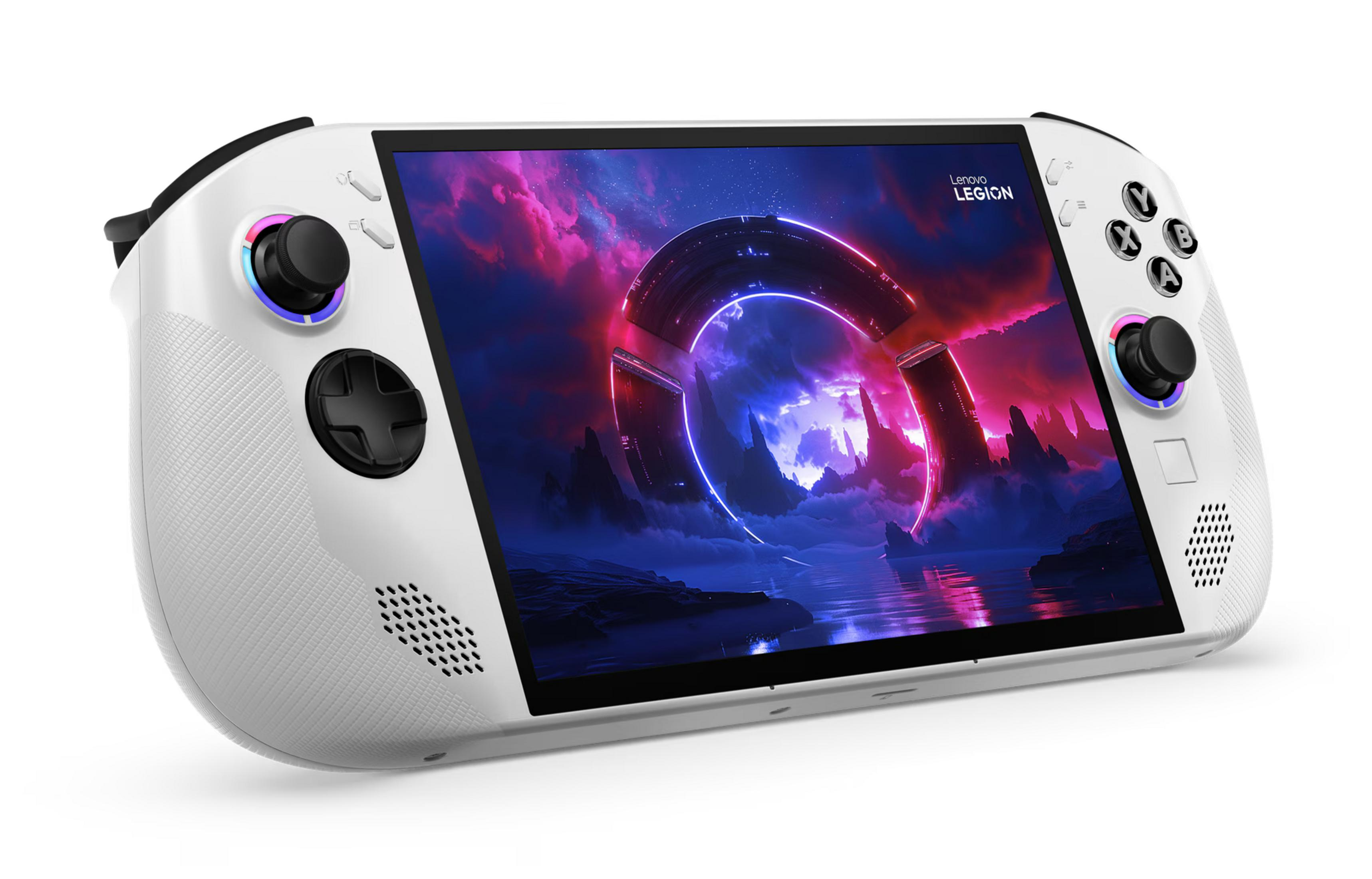 Białe urządzenie przenośne z kolorowym ekranem pokazującym futurystyczny krajobraz.