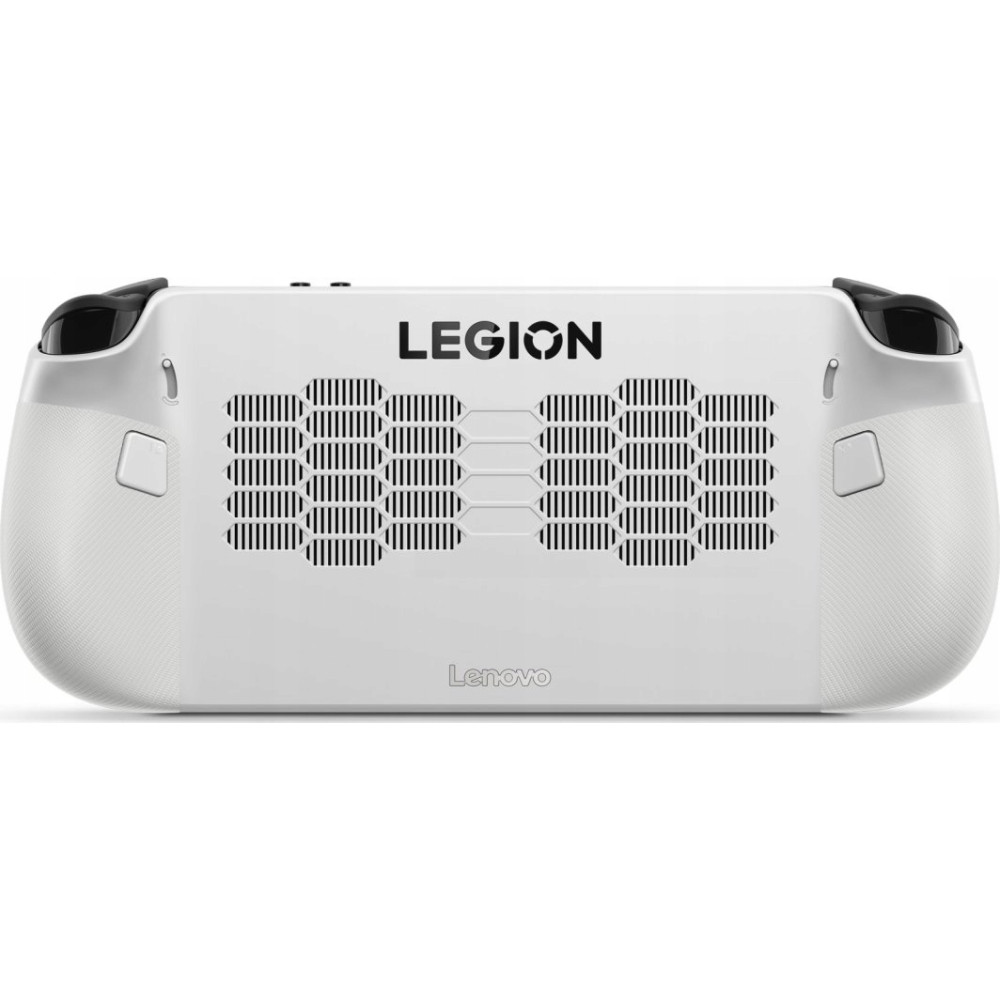 Biała konsola ręczna z otworami wentylacyjnymi i logo.