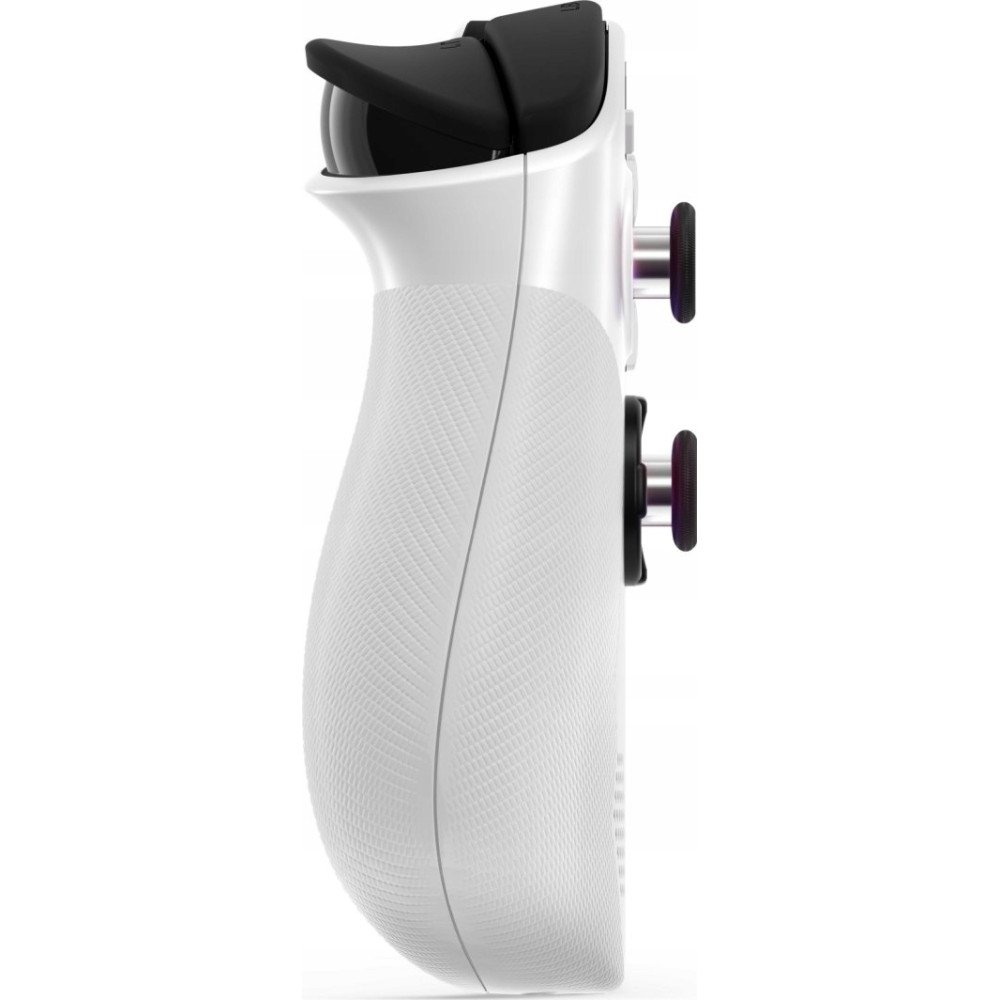 Biały bok kontrolera z czarnymi przyciskami i joystickami.