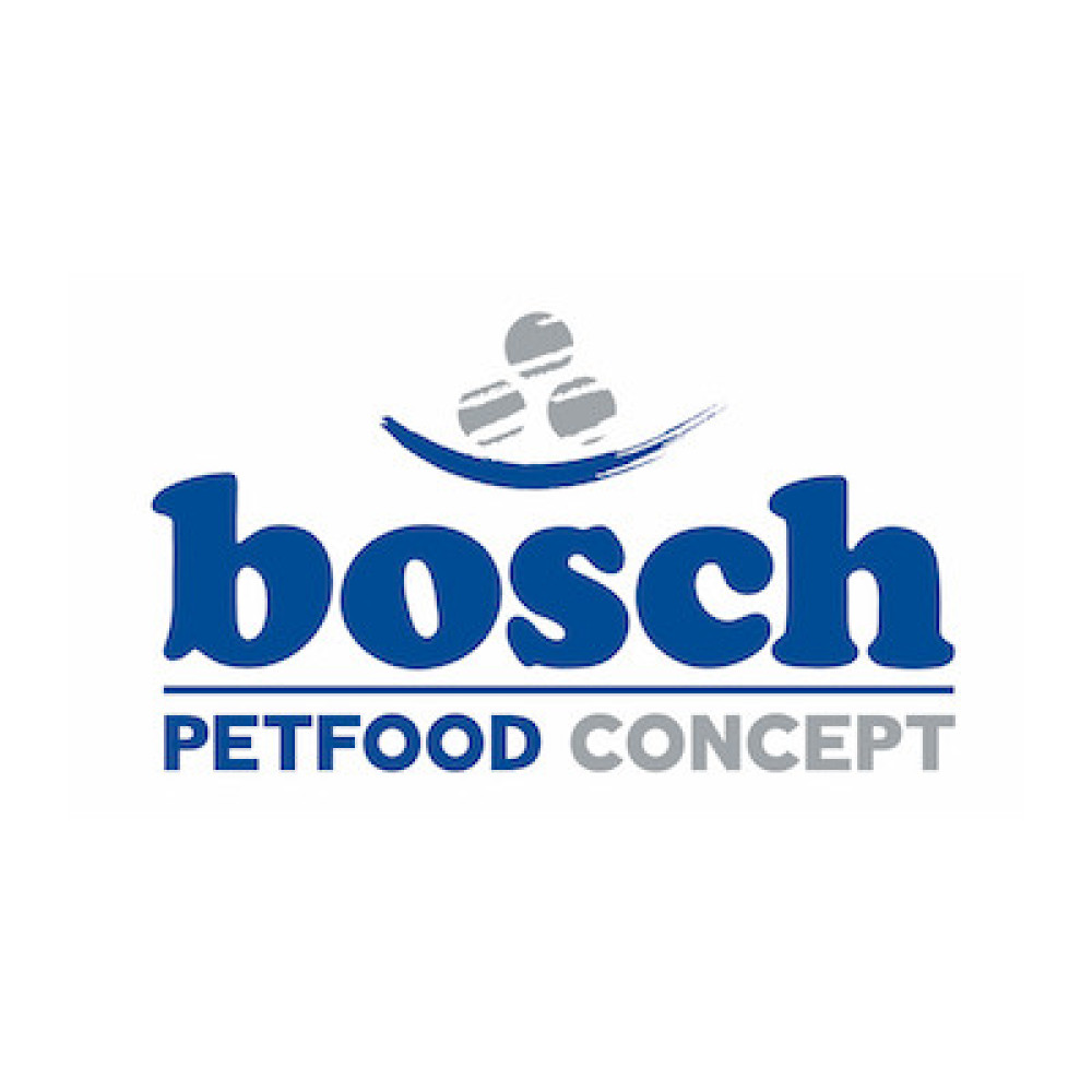 Logo Bosch Petfood Concept z trzema szarymi chrupkami nad tekstem.