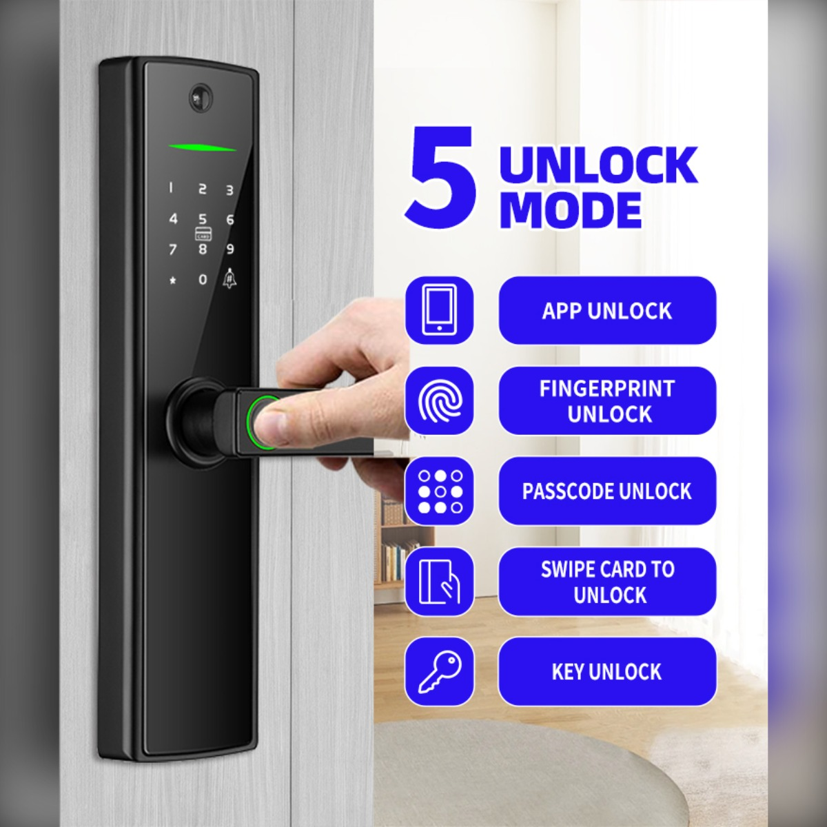 Osoba używa skanera linii papilarnych na czarnej inteligentnej kłódce z 5 trybami odblokowania.