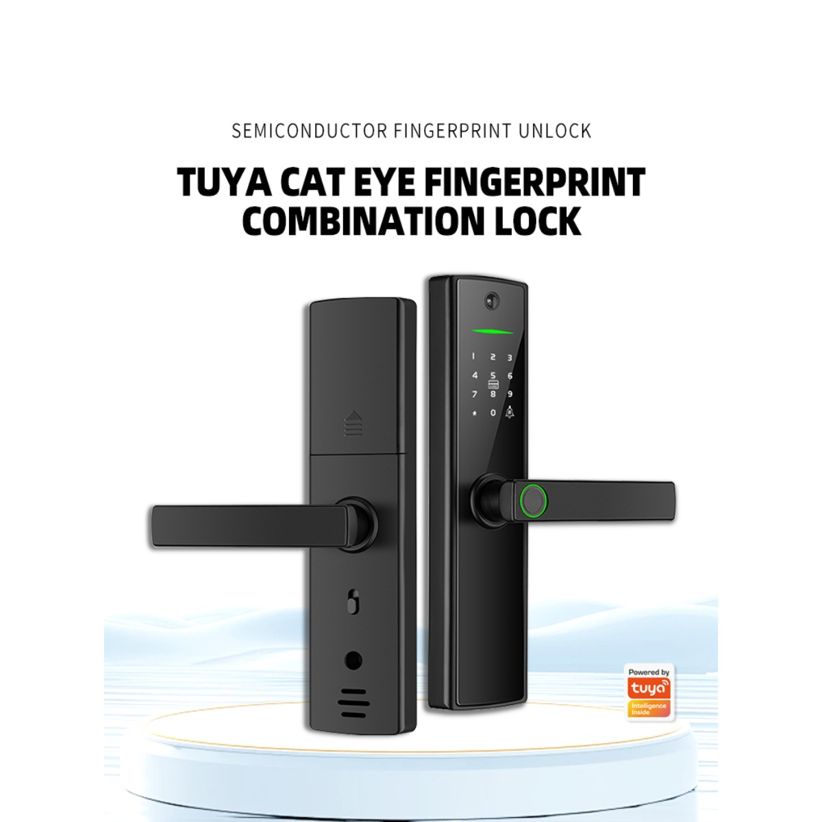 Dwa czarne inteligentne zamki do drzwi Tuya z klawiaturami i skanerami linii papilarnych.