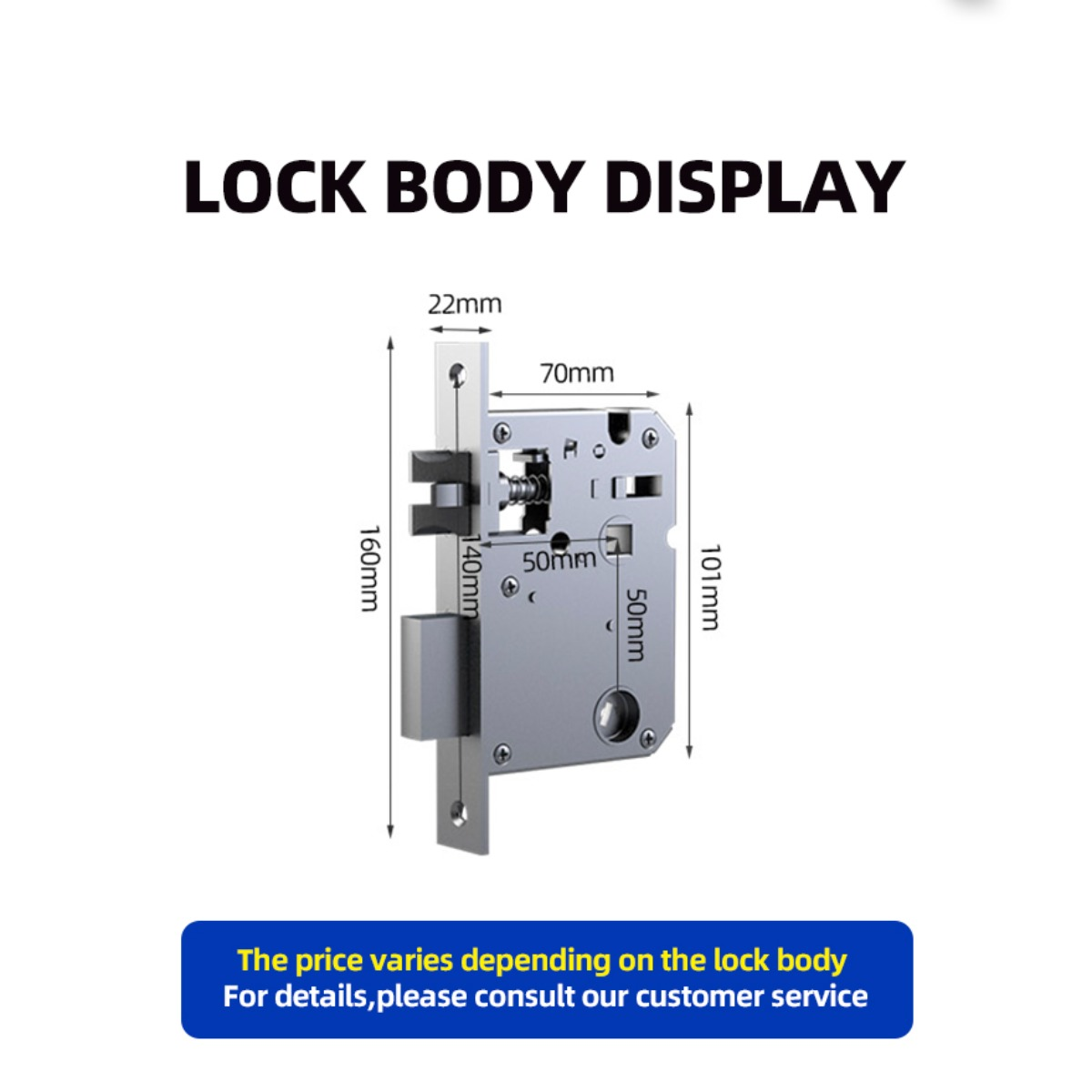 Wyświetlacz korpusu zamka z wymiarami. Srebrny metalowy mechanizm zamka i zapadka.