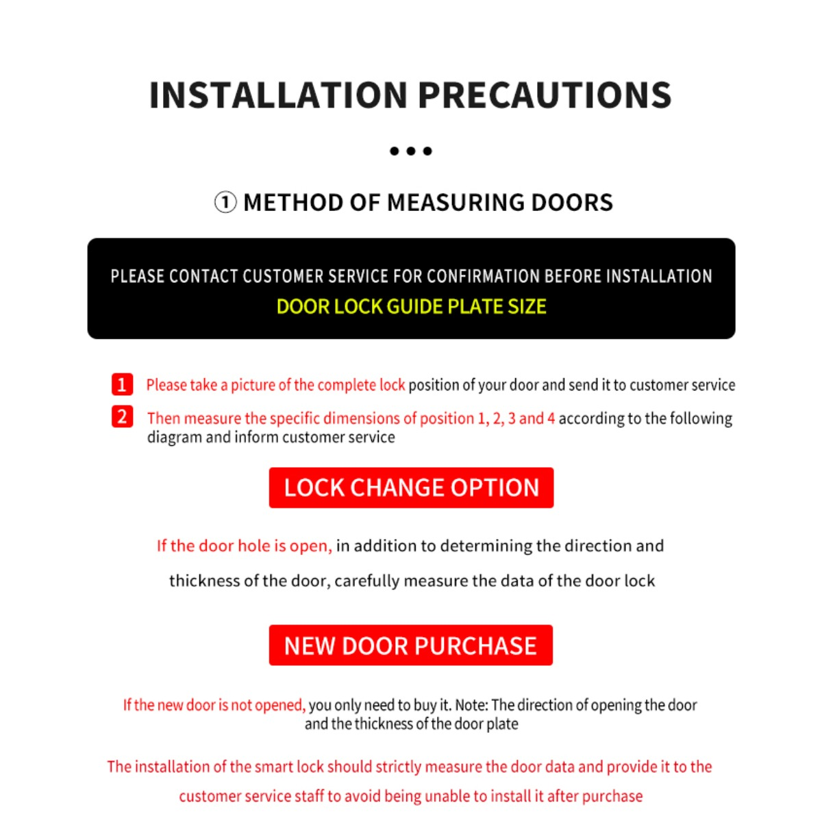 Środki ostrożności przy instalacji: Pomiar drzwi, kontakt z obsługą klienta.