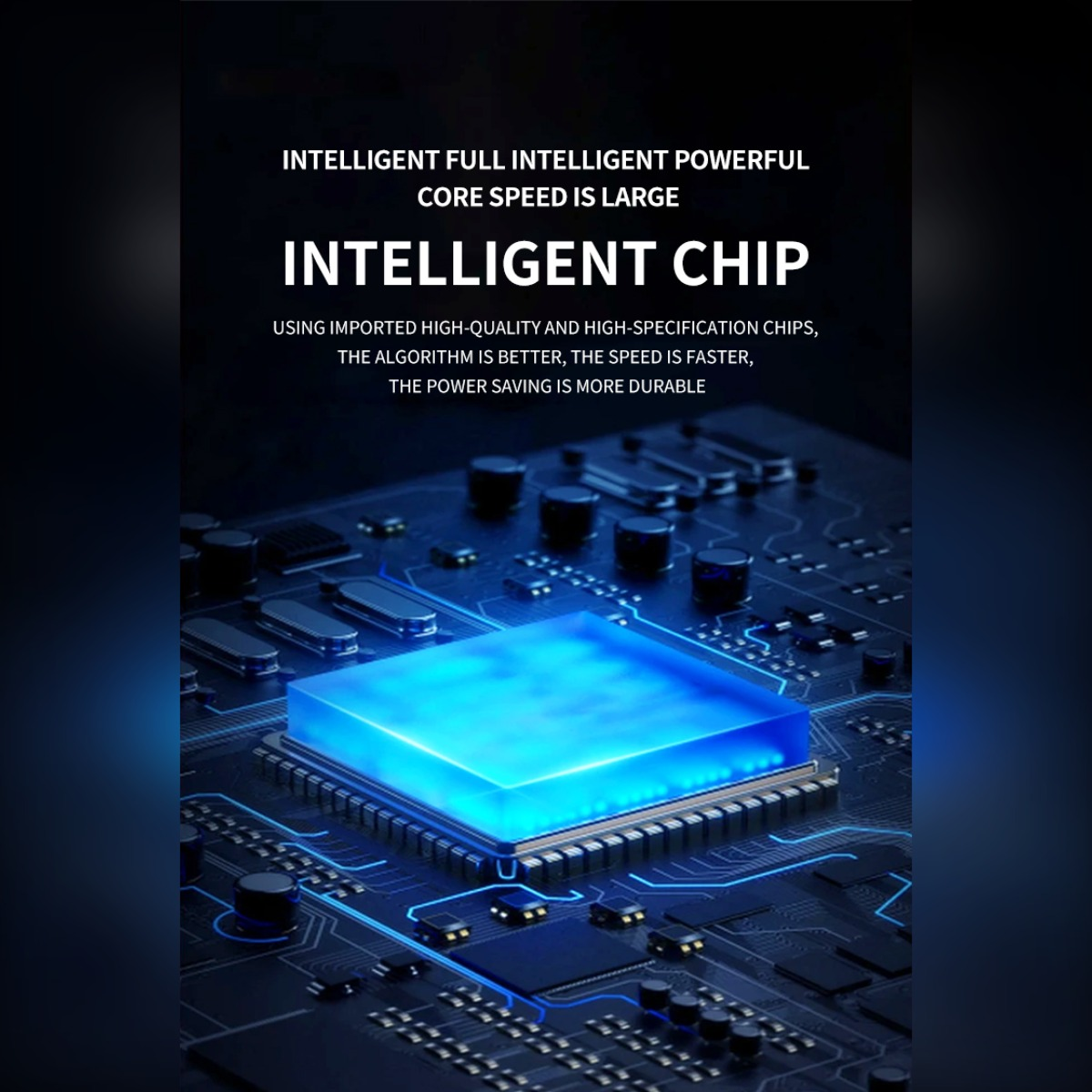 Świecący niebieski procesor na płycie obwodu z tekstem.