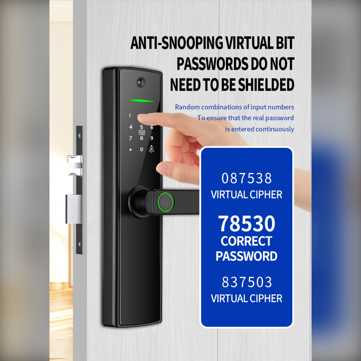 Dłoń dotyka cyfrowego zamka do drzwi z klawiaturą i czujnikiem linii papilarnych.