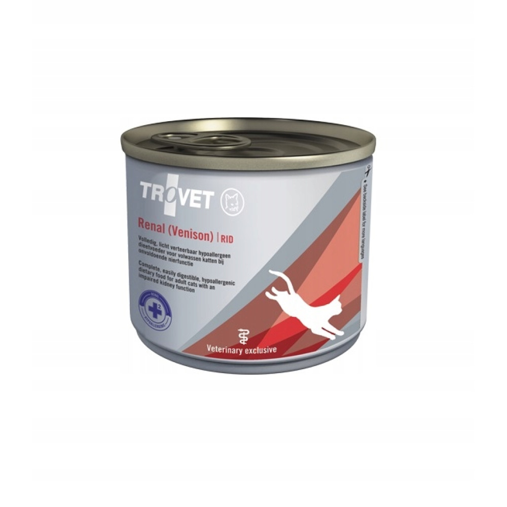 Puszka karmy dla kotów Trovet Renal Venison ze skaczącym białym logo kota.
