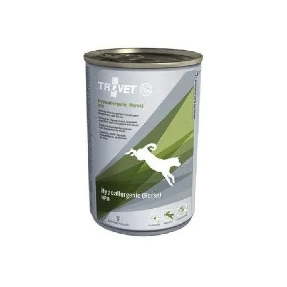Trofpet hipoalergiczna puszka karmy dla koni z białym sylwetką konia na zielonym tle.