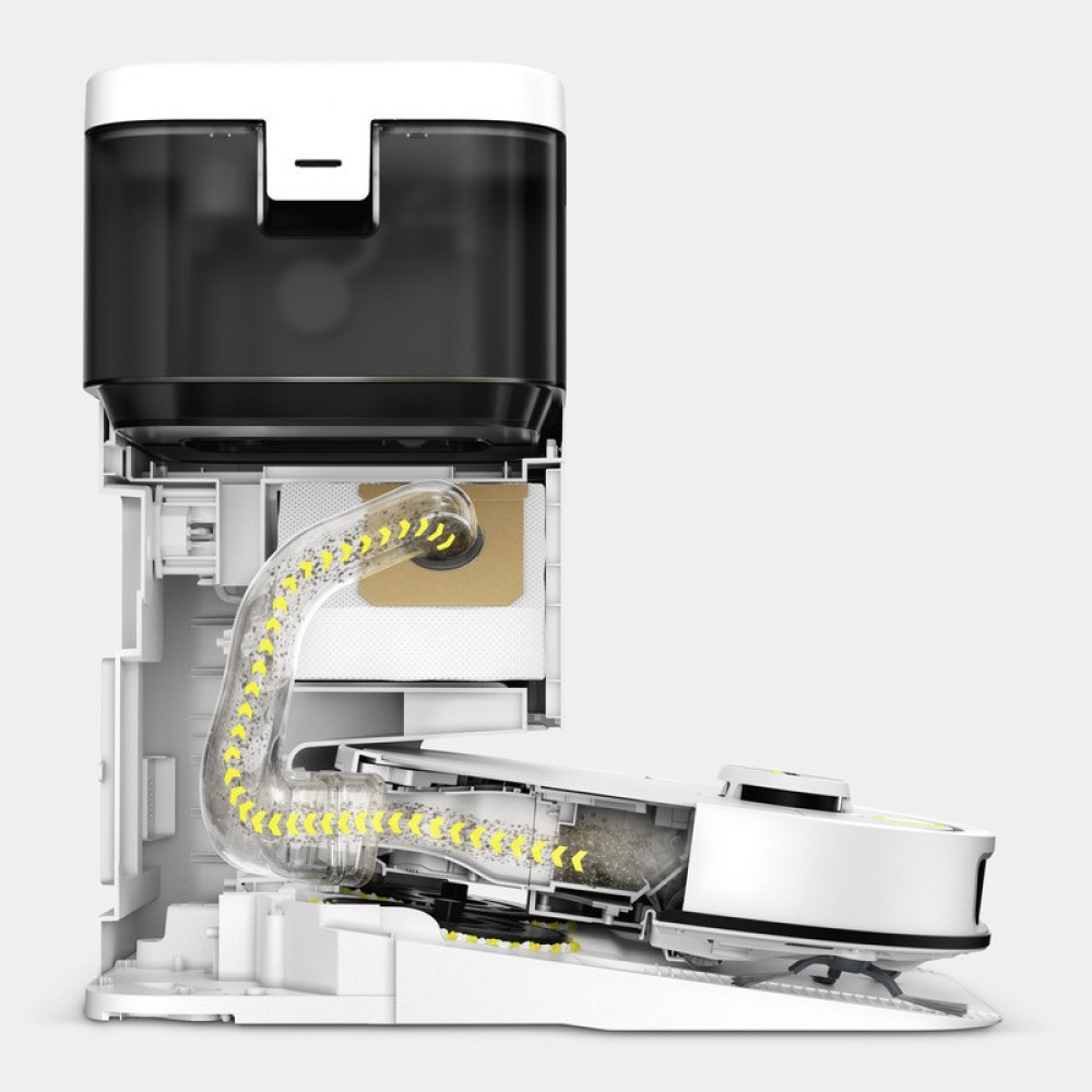 Widok przekroju robota sprzątającego z workiem na kurz i systemem ssącym.