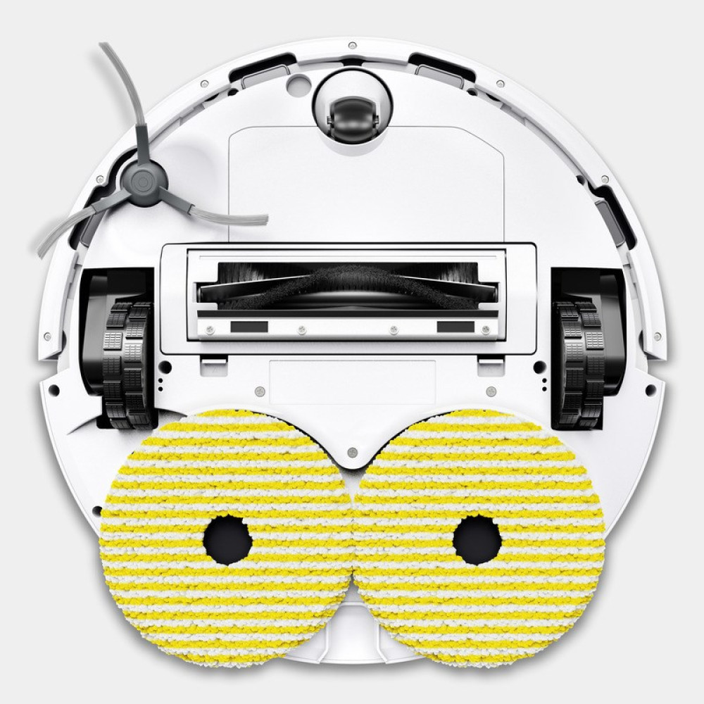 Spód białego robota sprzątającego z dwoma żółto-pasiastymi mopami, szczotkami i kołami.