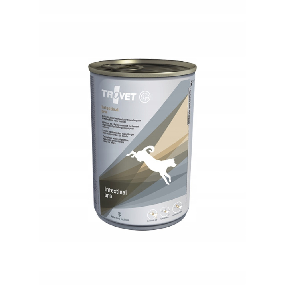 Puszka karmy dla psów Trovet Intestinal DPD z sylwetką psa. Łatwo przyswajalna.