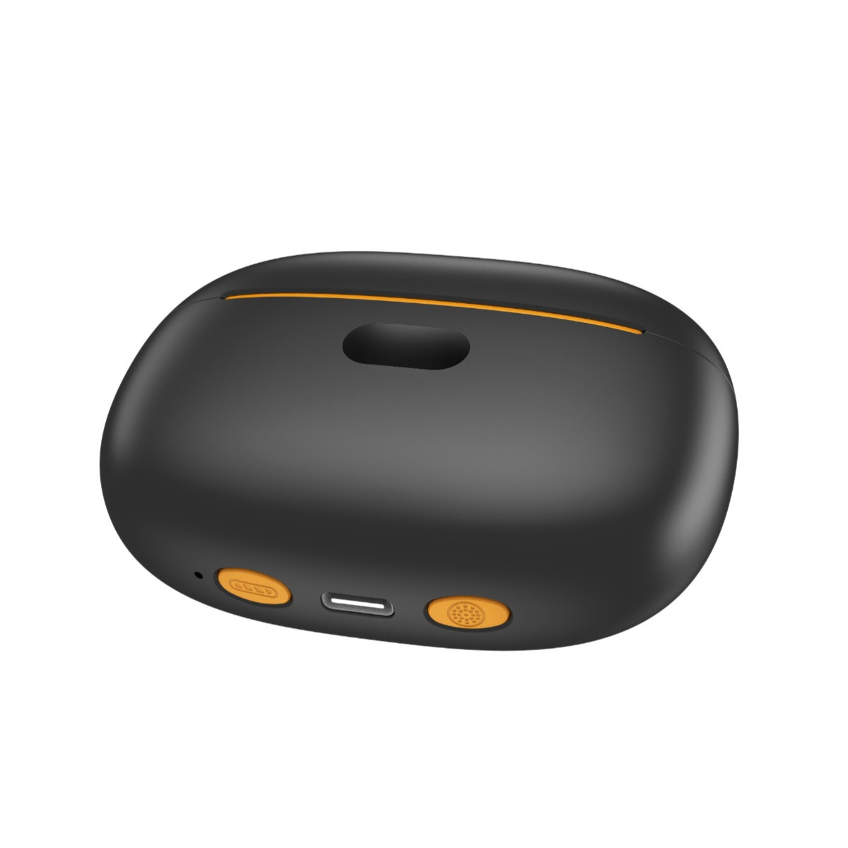 Czarne etui ładujące z pomarańczowymi akcentami i portem USB-C.