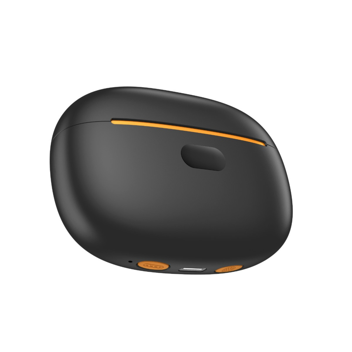 Czarna obudowa ładująca słuchawki z pomarańczowym akcentem.