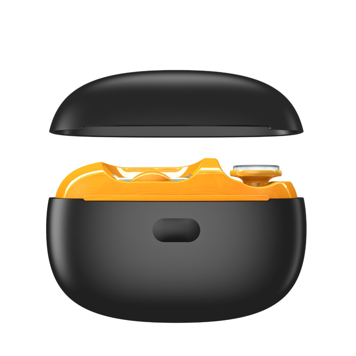 Czarna ładowarka z pomarańczowym wkładem i przyciskiem.