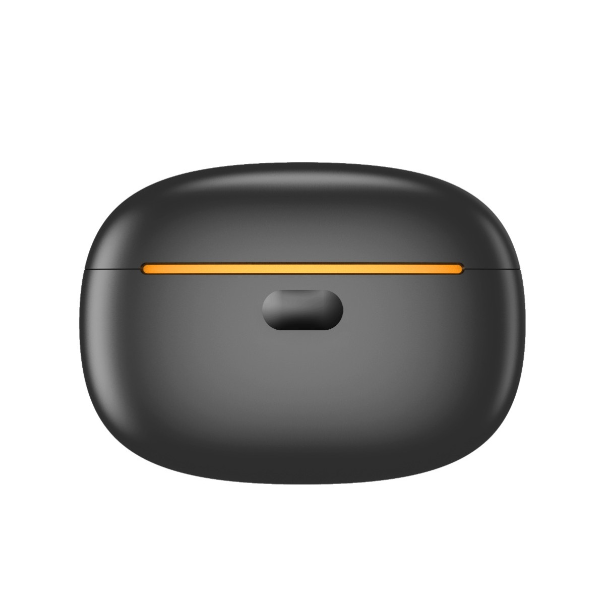 Czarna ładowarka do słuchawek z wąskim pomarańczowym paskiem i przyciskiem.