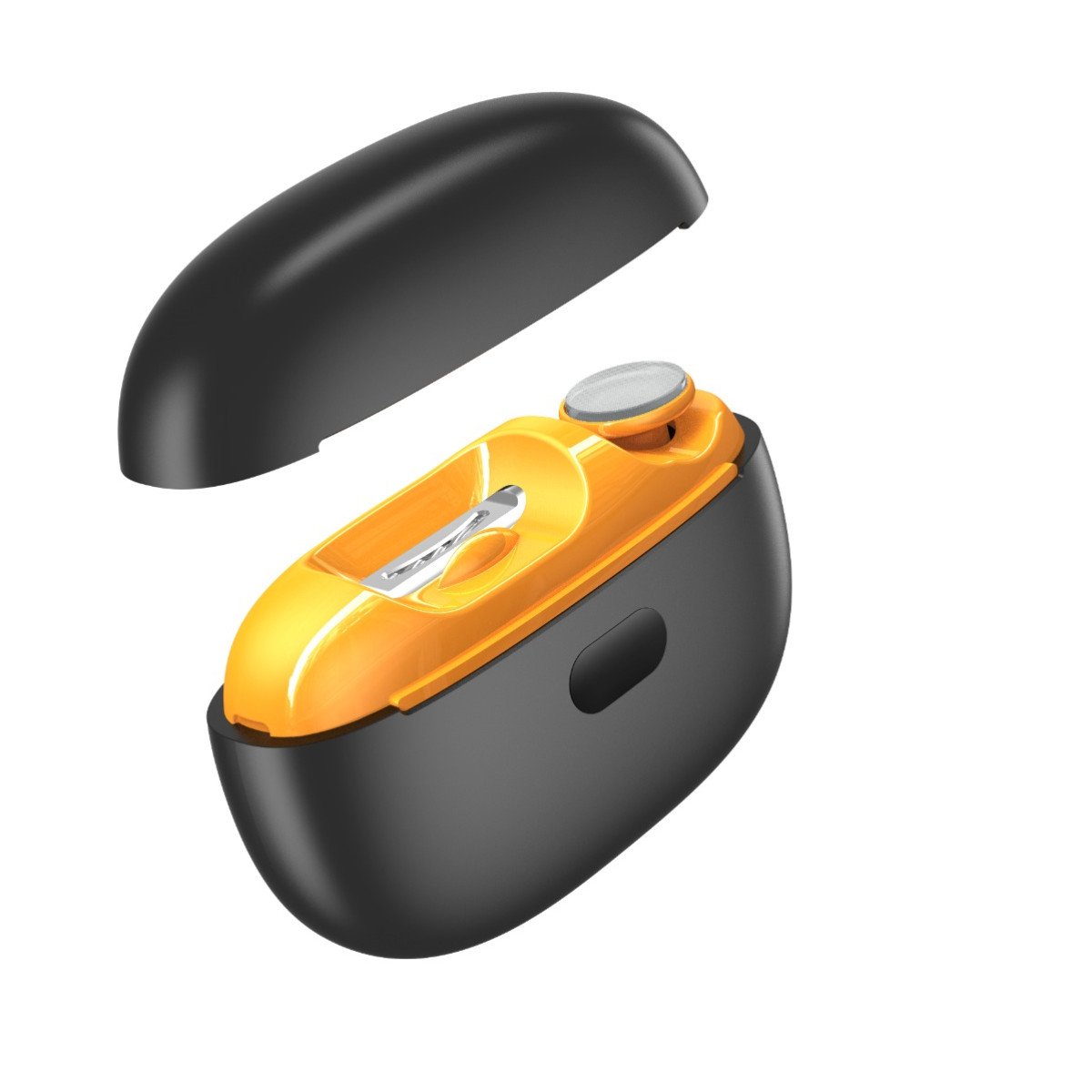 Czarna pokrywa nad żółtą obudową ze srebrnym pierścieniem.