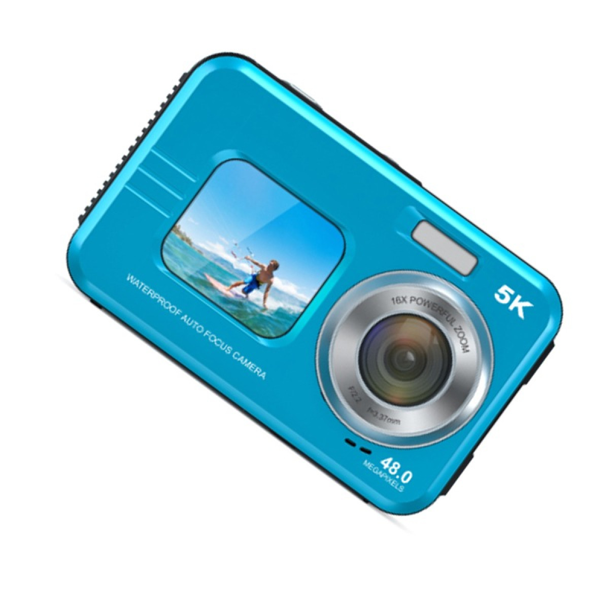 Niebieski aparat cyfrowy z obrazem z surfingu na ekranie i logo 5K.