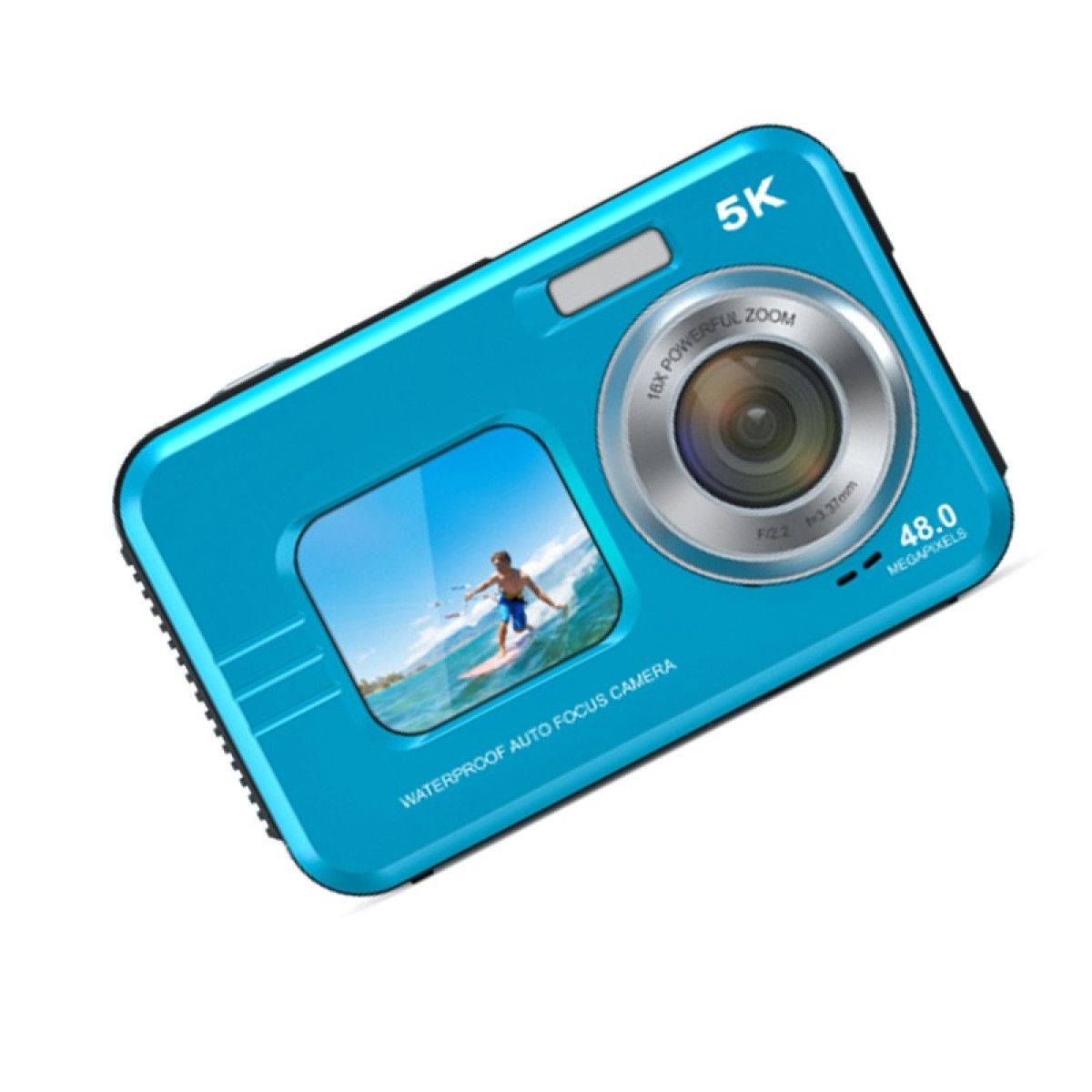 Niebieski aparat cyfrowy z surferem na ekranie.