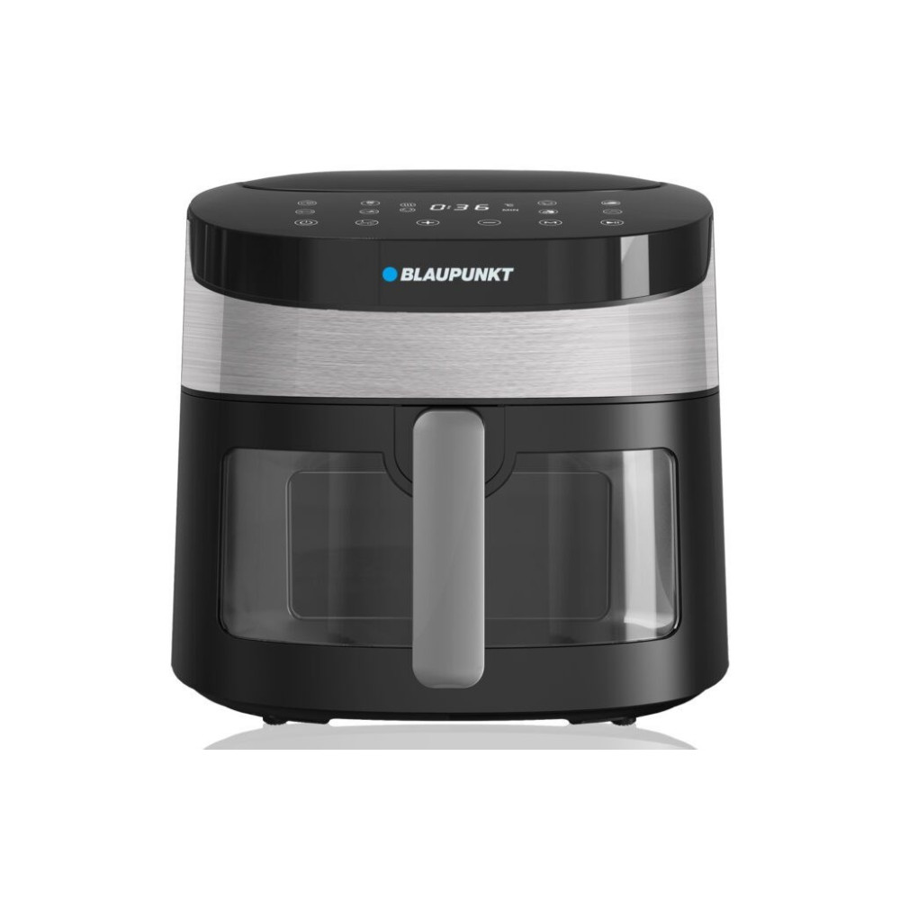 Czarna frytkownica beztłuszczowa Blaupunkt z okienkiem i cyfrowym wyświetlaczem.