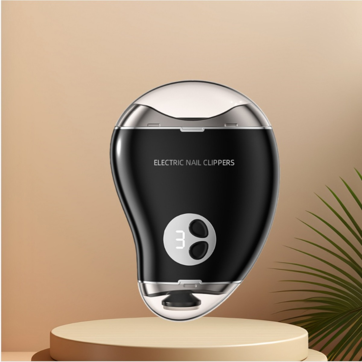 Czarna elektryczna maszynka do paznokci ze srebrnymi akcentami na stojaku.